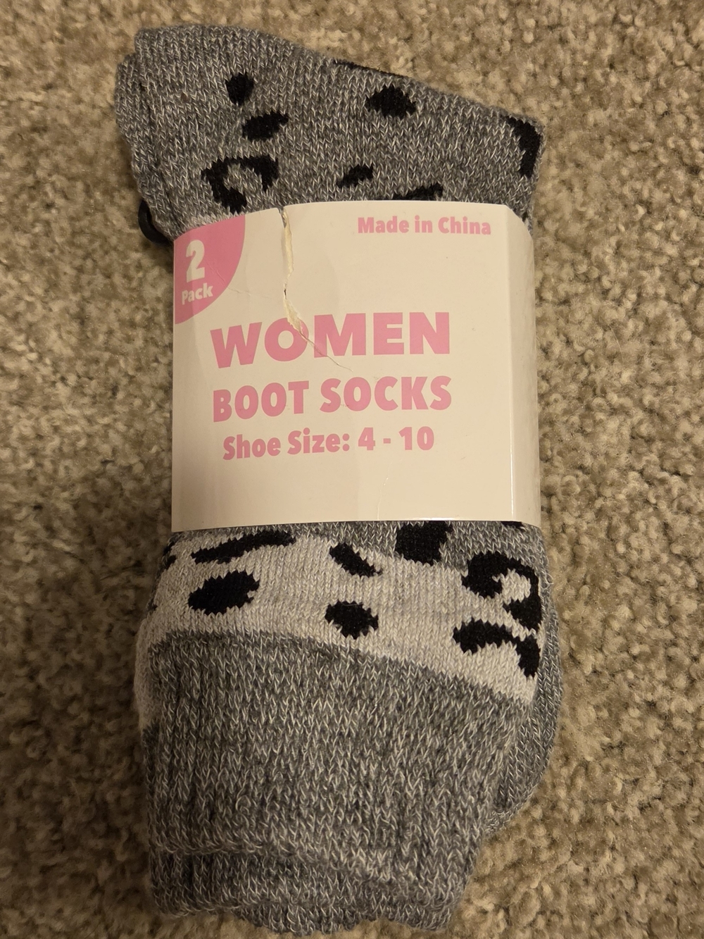 Women Boot Socks - Grey with Black Leopard Print